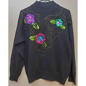 Vintage Rave Y2K 90's Sequined Beaded Mock Neck Floral Sweater Hippie Maximalist